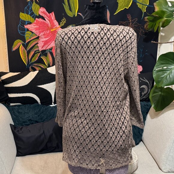 CHICOS Open Lace Mesh Knit 3/4 Sleeve Pullover Top, Taupe Brown, Size 2 - Picture 7 of 12